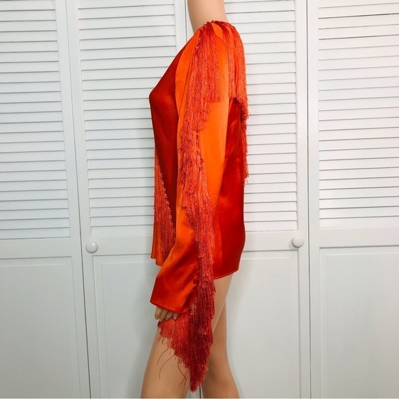 DIANE VON FURSTENBERG Tangerine V-Neck Fringe Blouse Size 8 - Picture 5 of 9